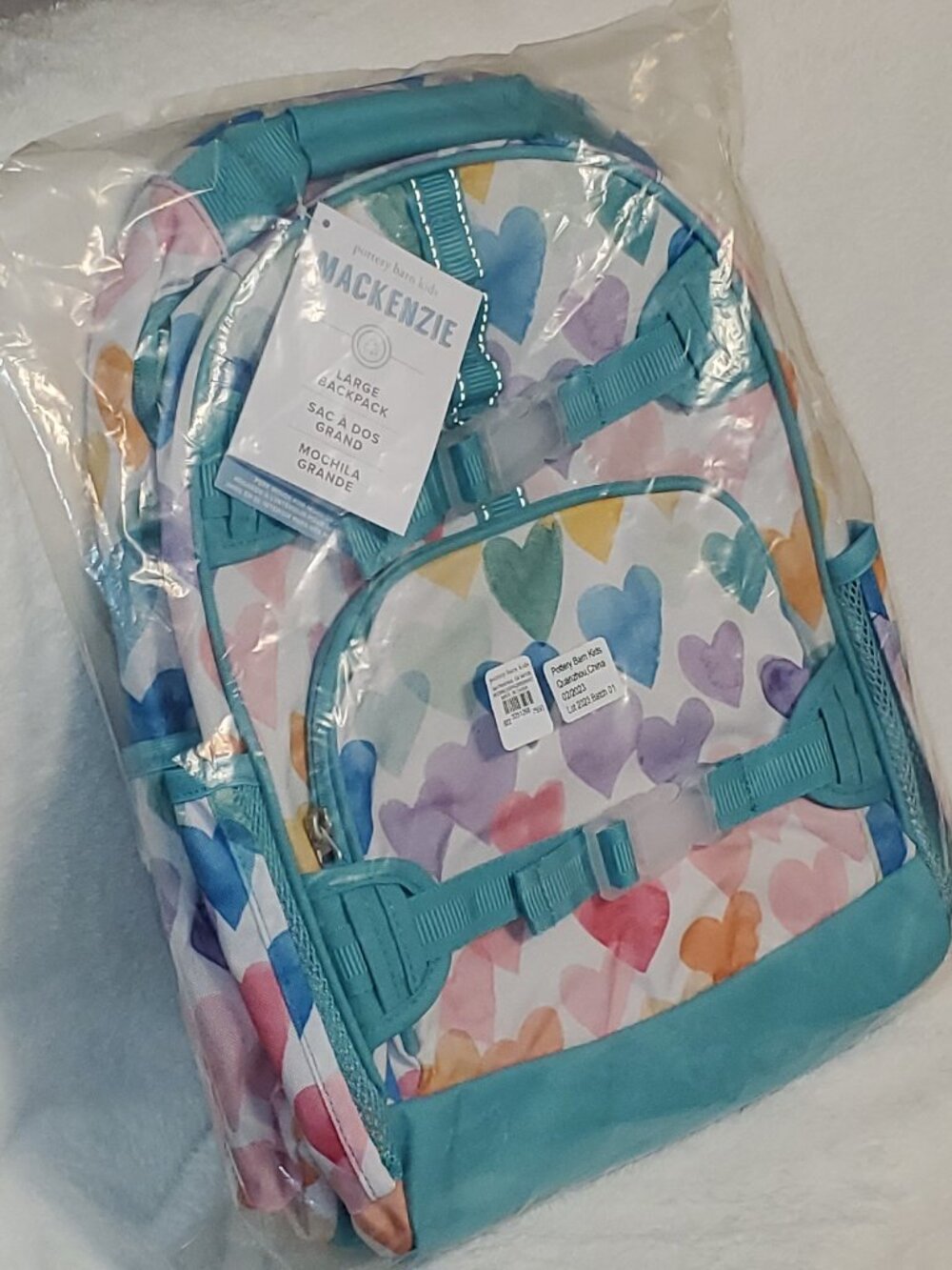POTTERY BARN KIDS AQUA RAINBOW HEARTS LARGE MACKENZIE Backpack NWT! HTF! - Picture 11 of 12